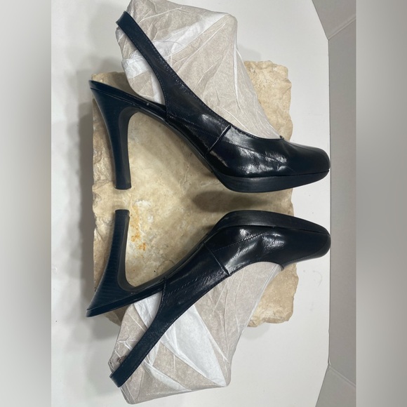 Moda Black Leather Round Closed Toe Platform Slingback Heels Sz 9 M - Picture 4 of 13